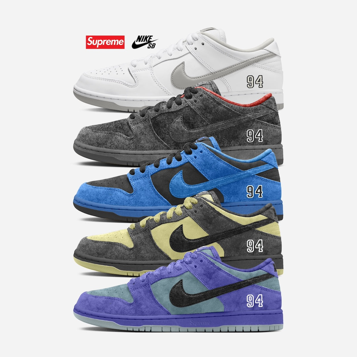 Supreme x Nike SB Dunk Low 94: vijf nieuwe colorways in september