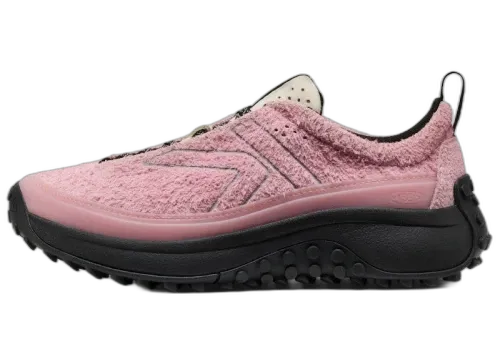 Keen KS Mino Lilas Birch sneaker zijaanzicht, roze gestructureerd bovenwerk met zwarte zool en details