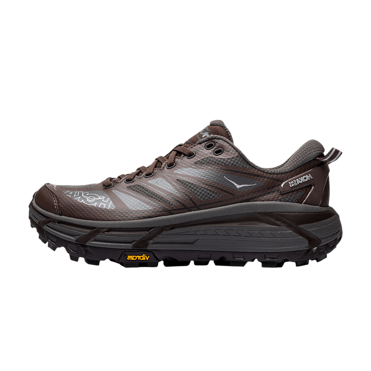 Hoka One One Mafate Speed 2, zijaanzicht van bruine trailschoen met zwarte Vibram-zool en textiel-/suèdelekombinatie