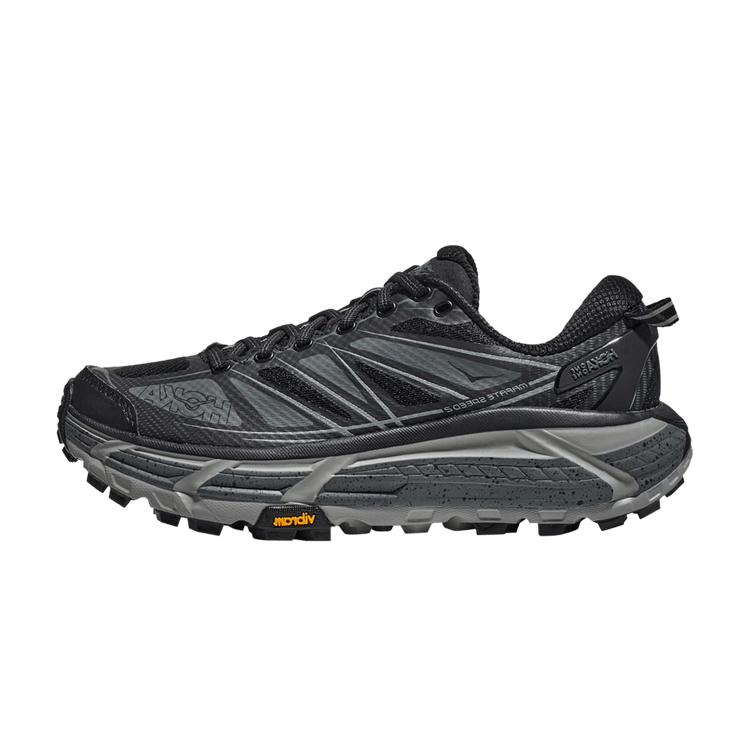 Hoka One One Mafate Speed 2 Black Castlerock zijaanzicht, trail sneaker met zwarte mesh, grijze zool en Vibram-logo
