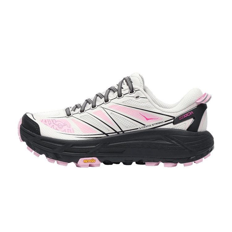 Hoka One One Mafate Speed 2 zijaanzicht, wit mesh met roze en zwarte accenten, Vibram zool