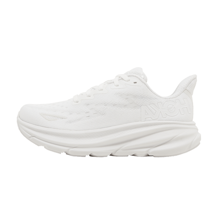 Hoka One One Clifton 9 White, zijaanzicht van volledig witte loopschoen met dikke, golvende zool en mesh-bovenkant