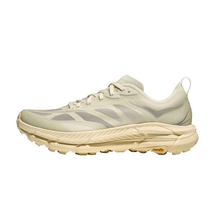 Hoka One One Mafate Speed 4 Lite Truffle Salt Vintage Yellow, zijaanzicht met beige upper en grijze accenten