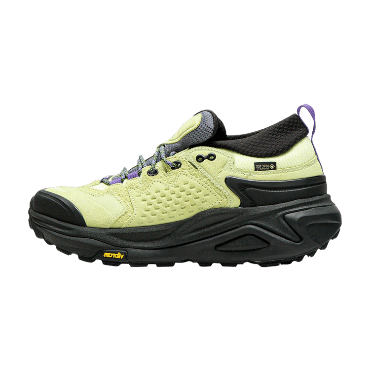 HOKA Kaha 3 Low GORE-TEX 'Honeydew Black' zijaanzicht met geel-groene upper en zwarte zool
