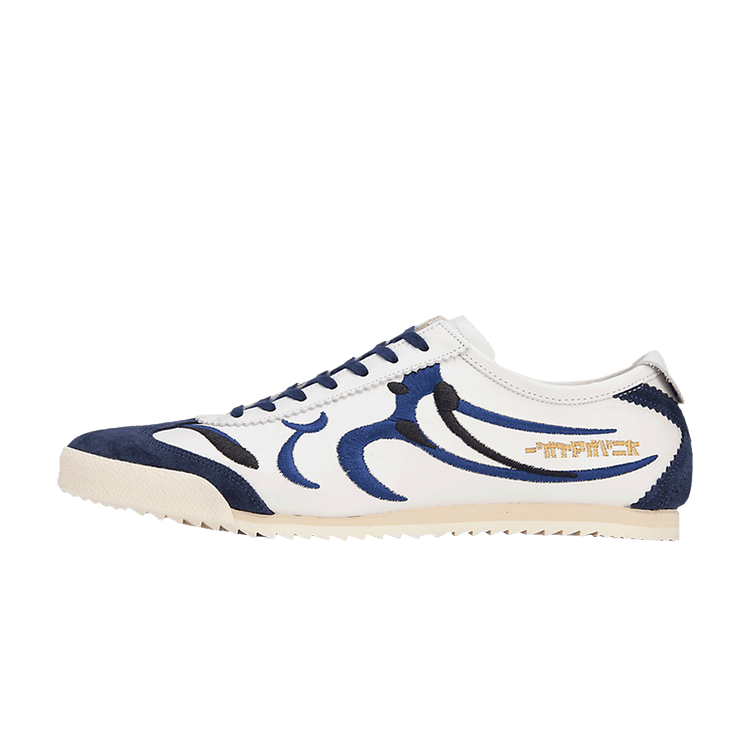 Onitsuka Tiger Mexico 66 Deluxe NM White Peacoat Kumadori, zijaanzicht met wit en marineblauw kleurvlakken en gouden branding