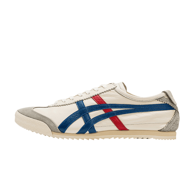 Onitsuka Tiger Mexico 66 Deluxe NM White Deluxe Blue, zijaanzicht met wit leer, blauwe en rode streep, grijze accenten