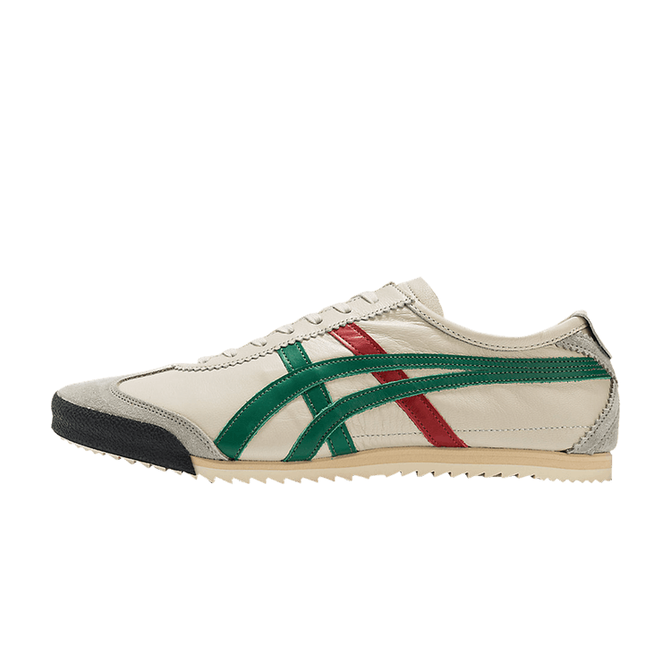 Onitsuka Tiger Mexico 66 Deluxe NM Cream Green, zijaanzicht met crèmekleurig leer, groene en rode strepen, zwarte zool