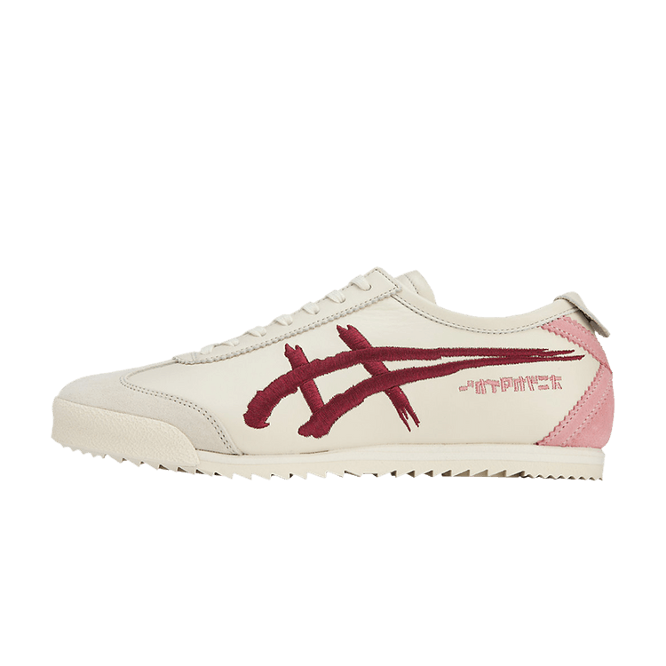 Onitsuka Tiger Mexico 66 Deluxe NM Birch Deep Mars zijaanzicht met crème-witte bovenkant en bordeauxrood logo