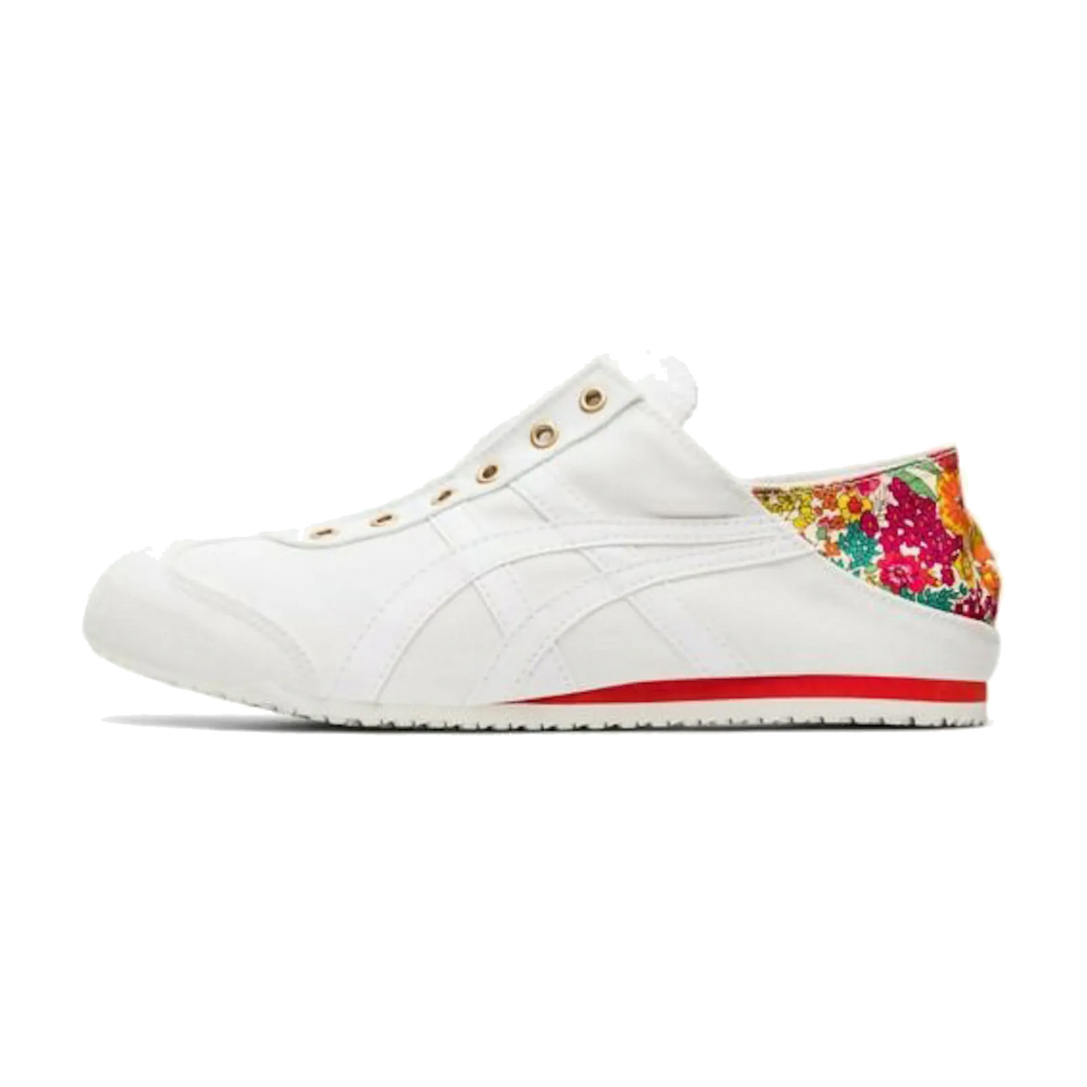 Onitsuka Tiger Mexico 66 PARATY zijaanzicht in wit canvas met rode zoolstreep en kleurrijke bloemenprint op de hielkap
