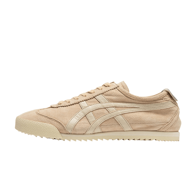 Onitsuka Tiger Mexico 66 Deluxe NM Feather Grey zijaanzicht, beige suède met contrasterende strepen en geribbelde zool