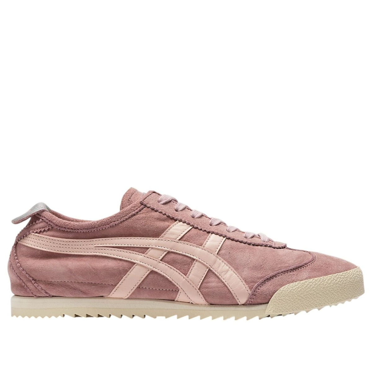 Onitsuka Tiger Mexico 66 Deluxe NM Sakuragai vooraanzicht, roze suède met cremekleurige diagonale streep