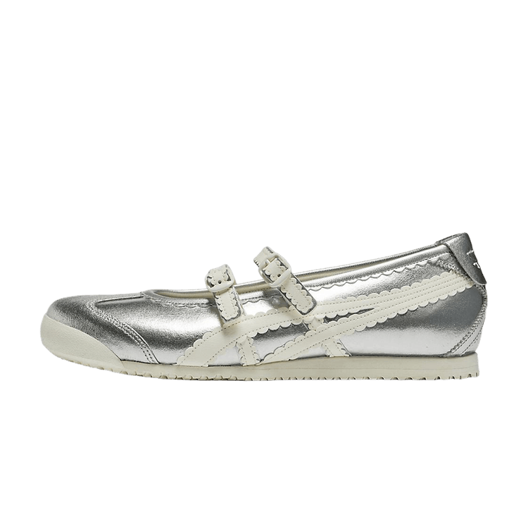 Onitsuka Tiger Mexico 66 TGRS Silver Cream zijaanzicht, zilverkleurig metallic leer met crèmekleurige accenten