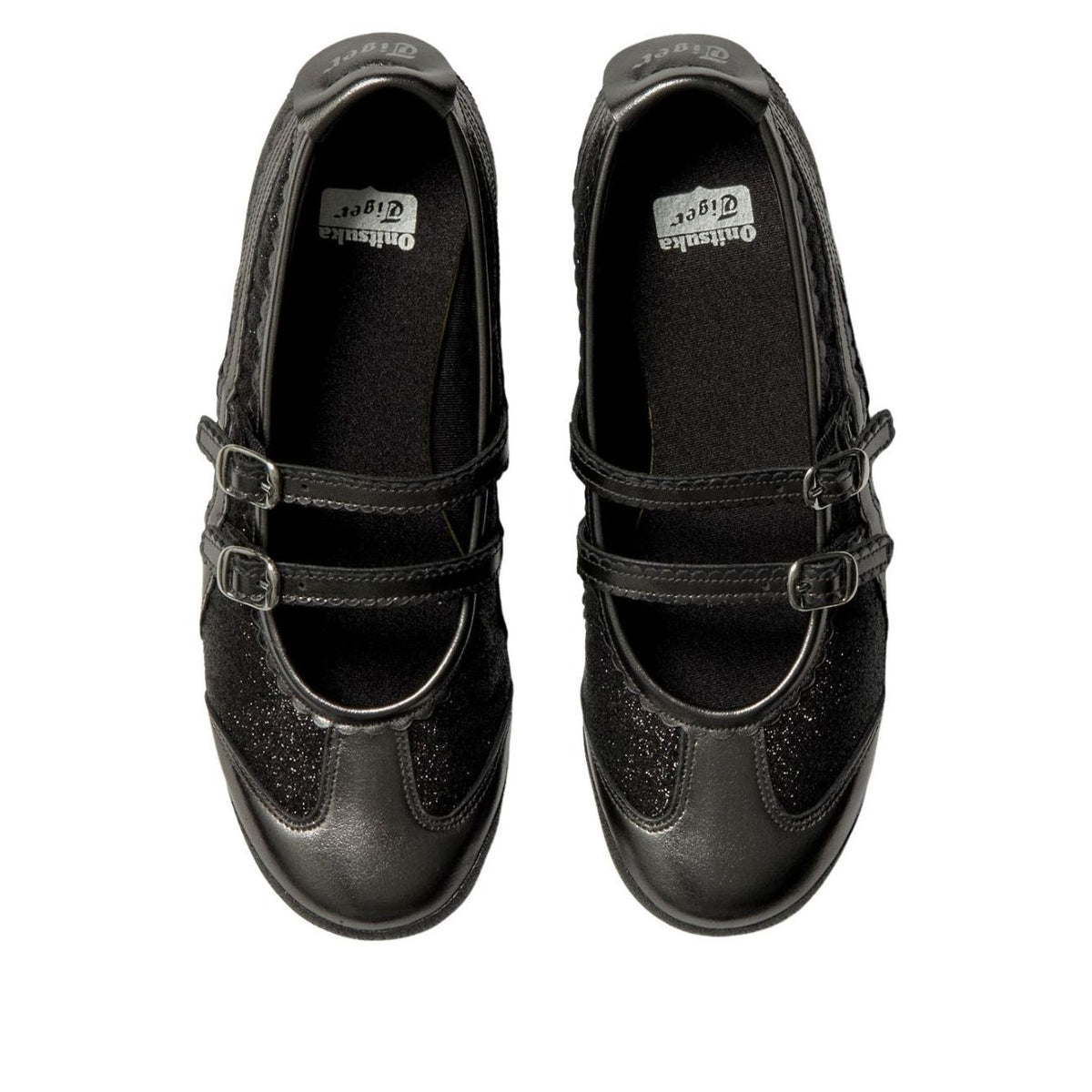 Onitsuka Tiger Mexico 66 TGRS Glitter Pack Black Gunmetal bovenaanzicht openwerk en dubbele gespen details