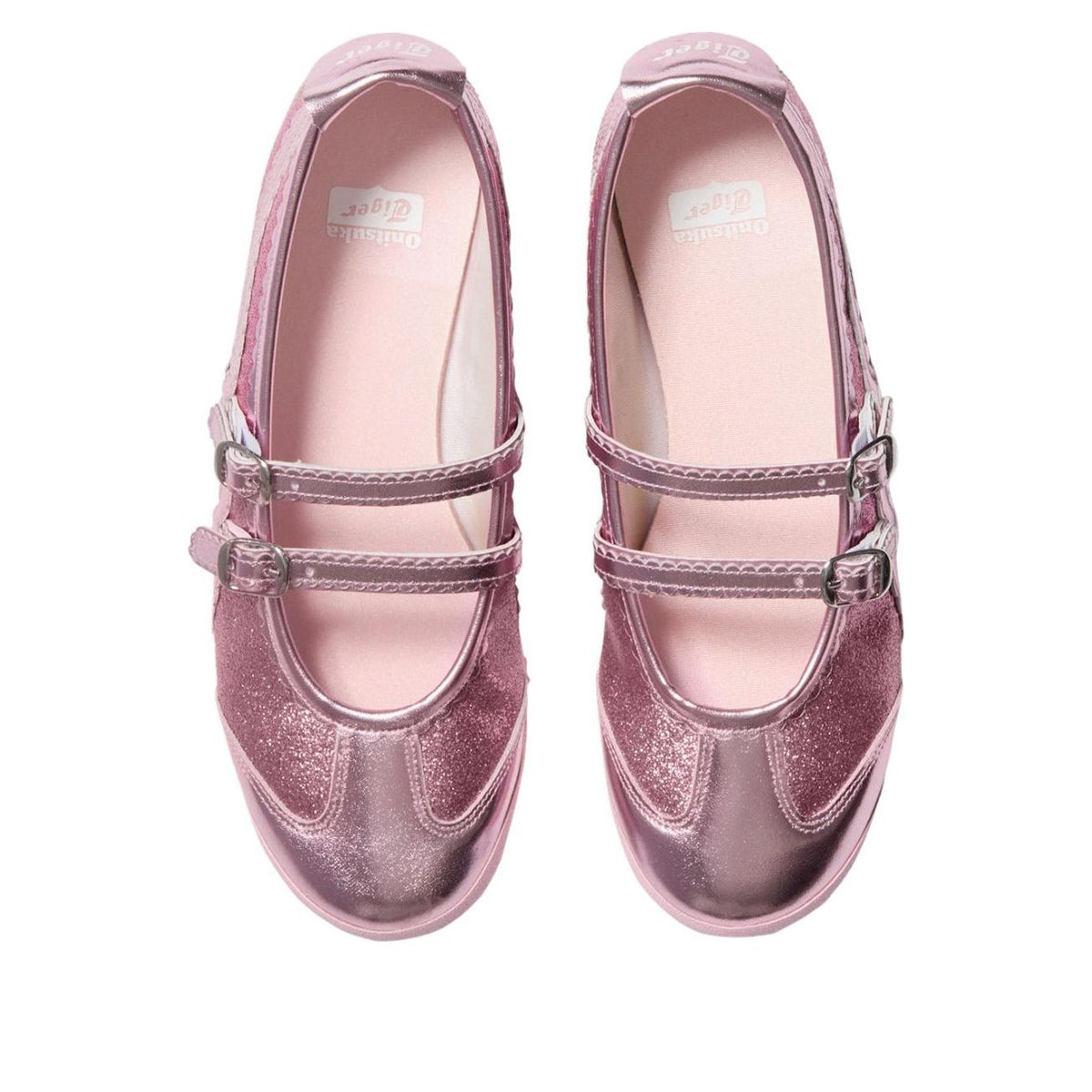 Onitsuka Tiger Mexico 66 TGRS Glitter Pack Pink Cameo, bovenaanzicht tonend metallic bandjes en glitter afwerking