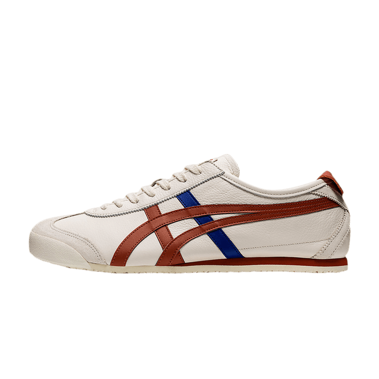 Onitsuka Tiger Mexico 66 Birch Rust Red Blue, zijaanzicht met crème leren bovenkant en rood-blauwe strepen