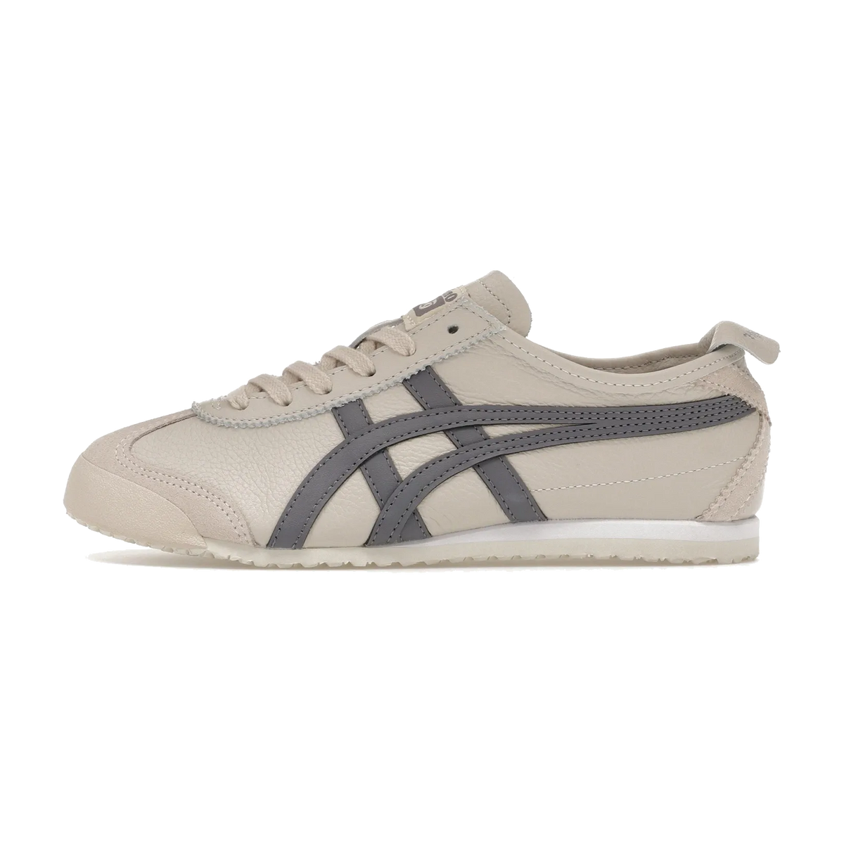 Onitsuka Tiger Mexico 66 Grey White, zijaanzicht met beige leer, donkergrijze strepen en witte zool
