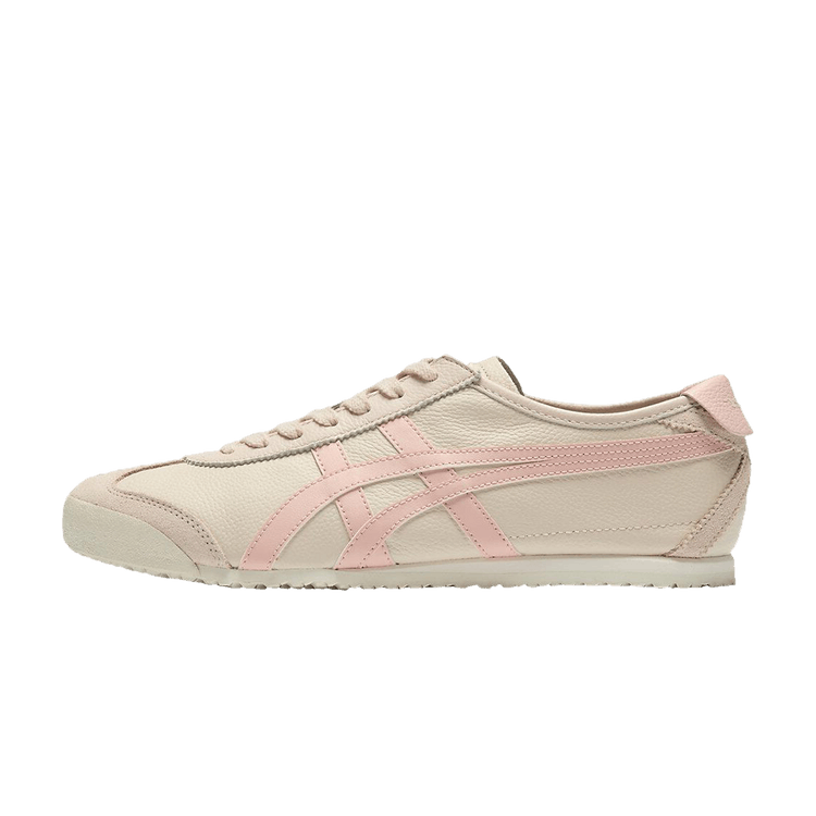Onitsuka Tiger Mexico 66 Oatmeal Ginger Peach, zijaanzicht met beige leer en roze strepen, klassieke retro silhouet