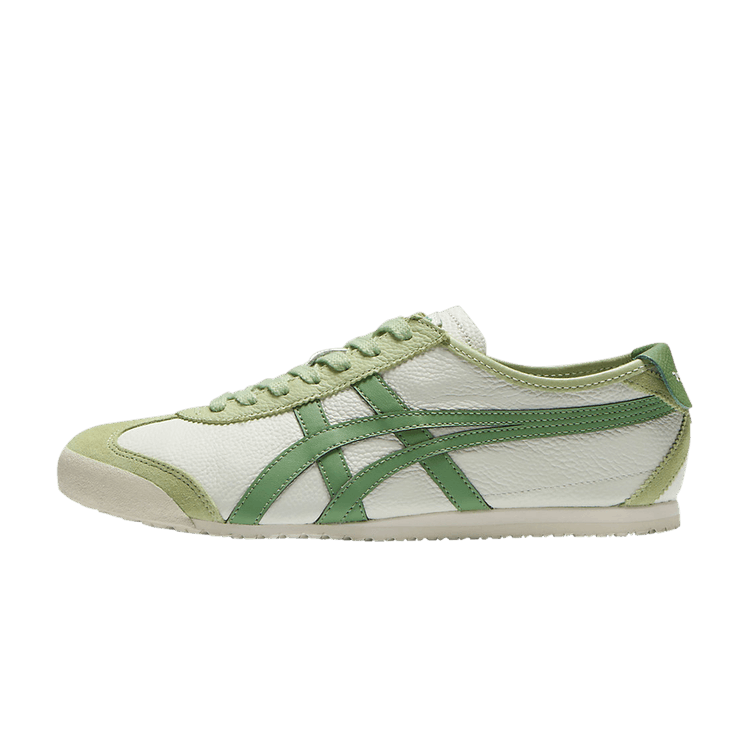Onitsuka Tiger Mexico 66 Airy Green, zijaanzicht met wit en groen leder, karakteristieke Y-stiksel en creme zool
