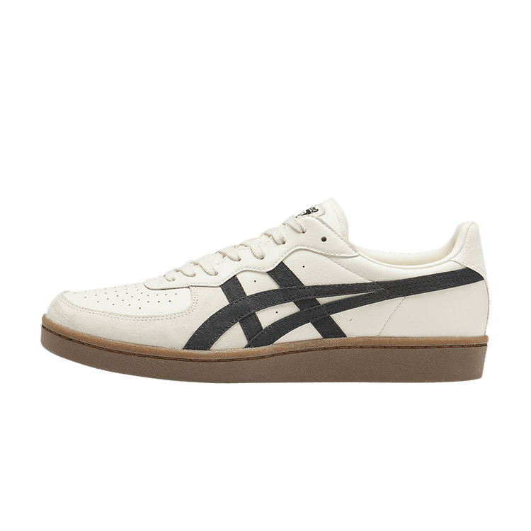 Onitsuka Tiger GSM Cream Black Gum zijaanzicht, wit leer met zwarte streep en bruine gumzool