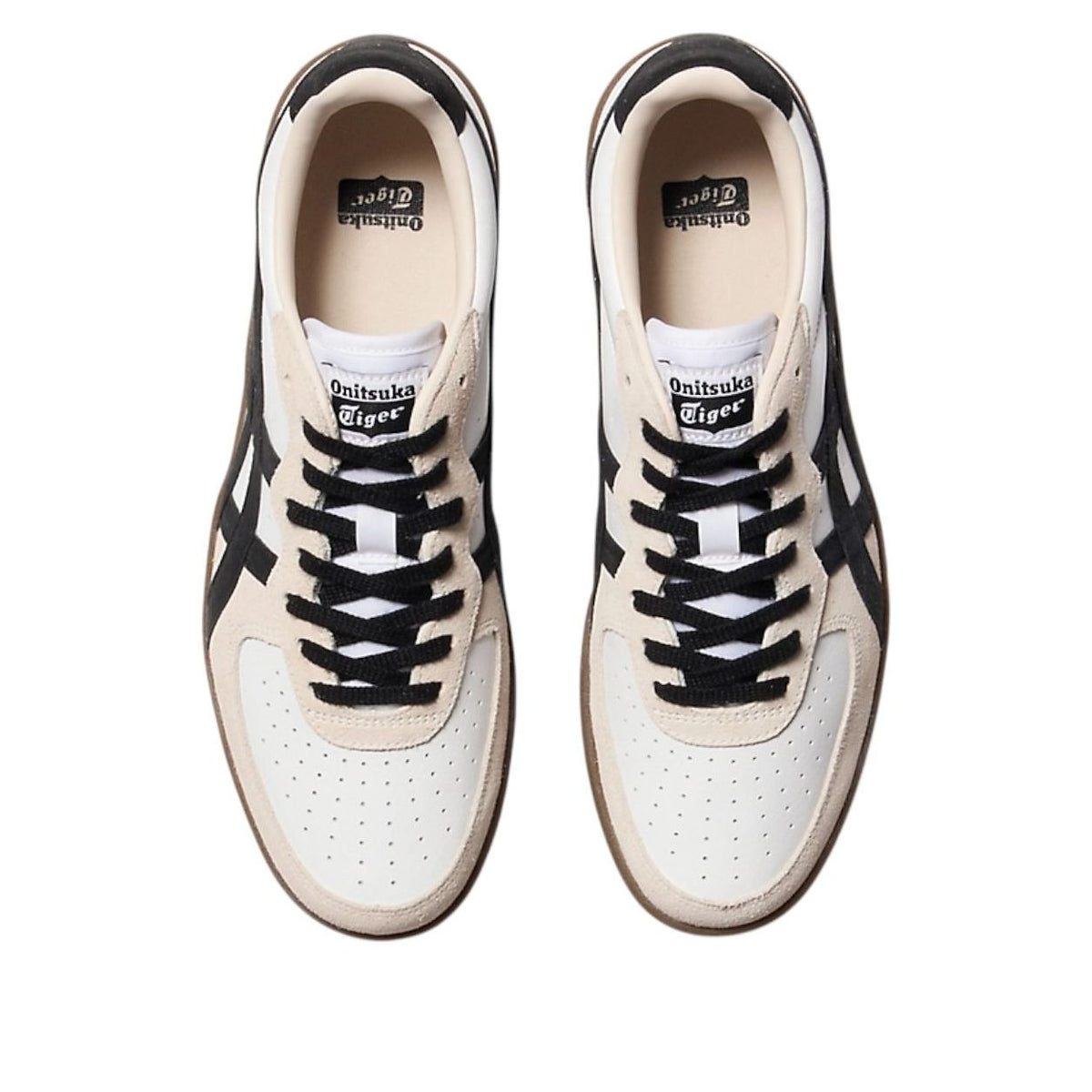 Onitsuka Tiger GSM White Black Beige Toe, bovenaanzicht witte en beige panelen met zwarte veters en X-stiksels