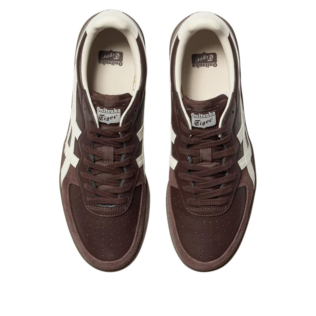 Onitsuka Tiger GSM Dark Brown Cream, bovenaanzicht toont beide sneakers met donkerbruin en roomwit kleurblokken