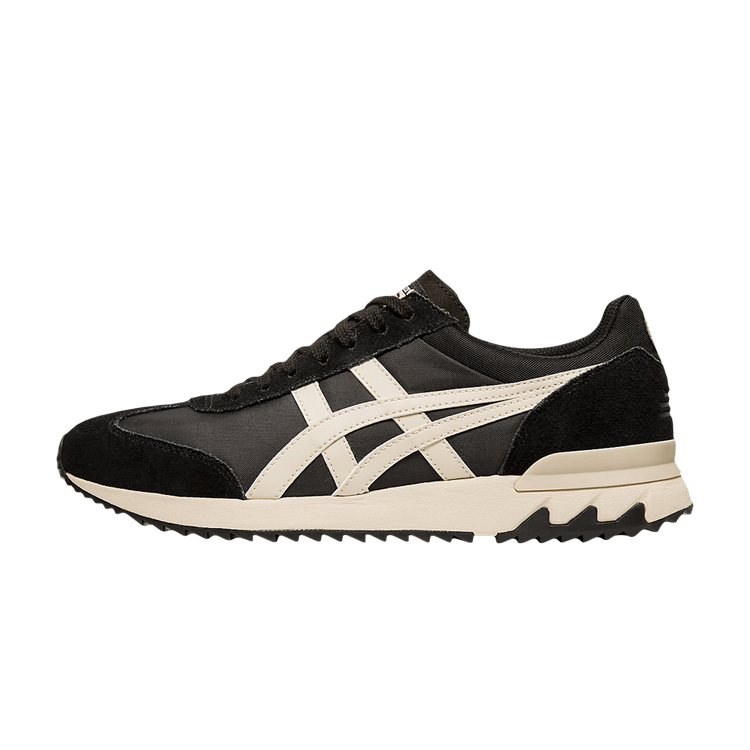 Onitsuka Tiger California 78 EX zijaanzicht, zwart suède met crèmekleurige streepen en zool, klassiek retro design