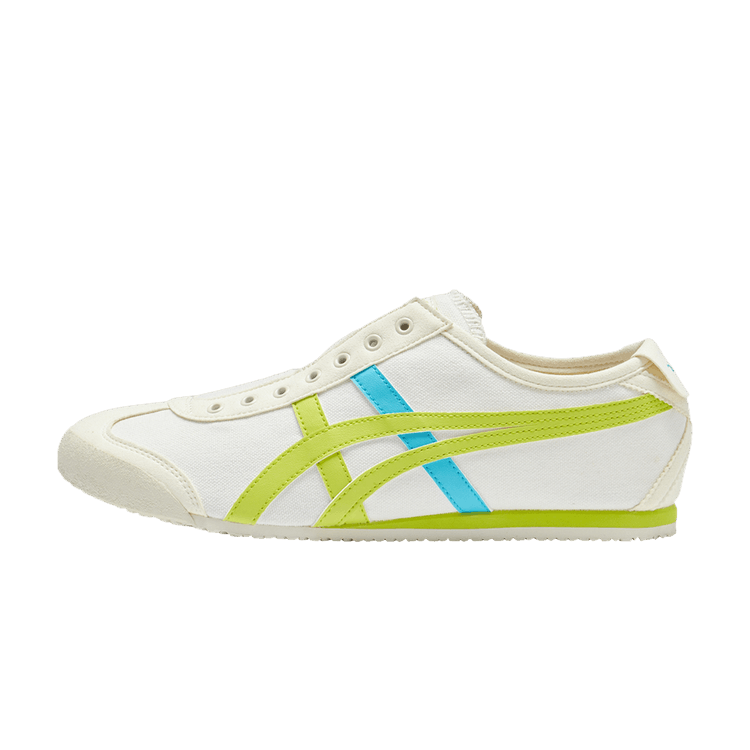 Onitsuka Tiger Mexico 66 Slip-On Cream Neon Lime, zijaanzicht met witte canvas, neon lime en turquoise strepen