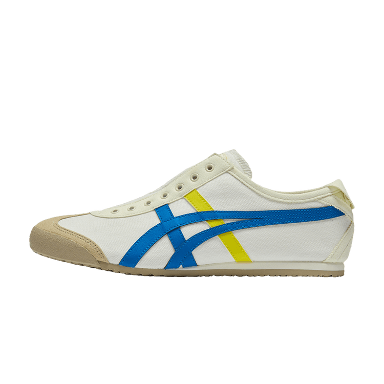 Onitsuka Tiger Mexico 66 Slip-On Cream Directoire Blue, zijaanzicht met witte canvas, blauwe en gele streep en crème zool