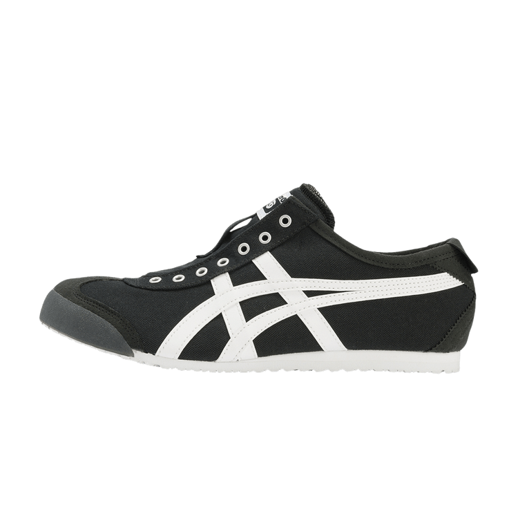 Onitsuka Tiger Mexico 66 Slip-On Black White, zijaanzicht met zwart canvas, witte streep en metallic ogen in boord