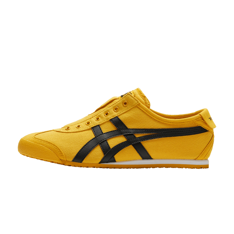 Onitsuka Tiger Mexico 66 Slip-On Kill Bill, zijaanzicht geel canvas met zwarte dwarsbanden en witte zool