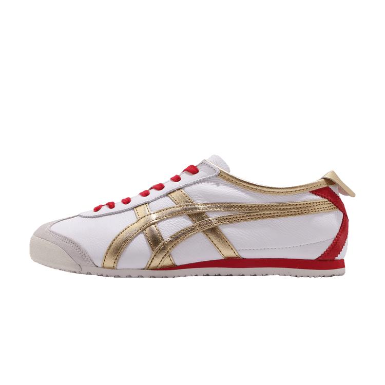 Onitsuka Tiger Mexico 66 White Pure Gold zijaanzicht met wit leer, goudkleurige strepen en rode details
