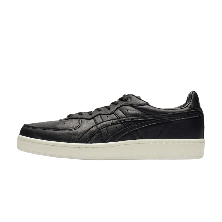 Onitsuka Tiger GSM SD Black White zijaanzicht, zwart leer met crème platform zool en subtiele stiksels