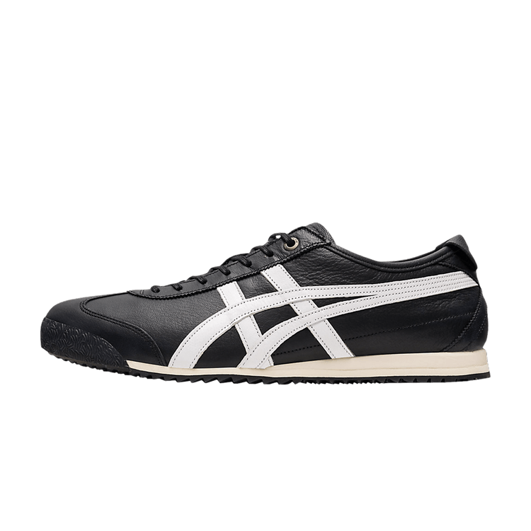 Onitsuka Tiger Mexico 66 SD Black White, zijaanzicht met zwart leer, witte dwarsstrepen en crèmekleurige zool