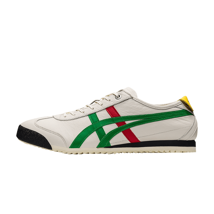 Onitsuka Tiger Mexico 66 SD Birch Green Red Yellow, zijaanzicht met groene en rode strepen, gele hielaccent