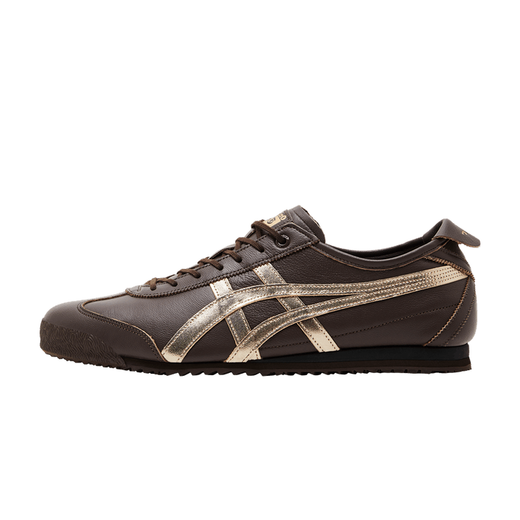 Onitsuka Tiger Mexico 66 SD Licorice Brown Champagne, zijaanzicht met bruin leer en goudkleurige strepen
