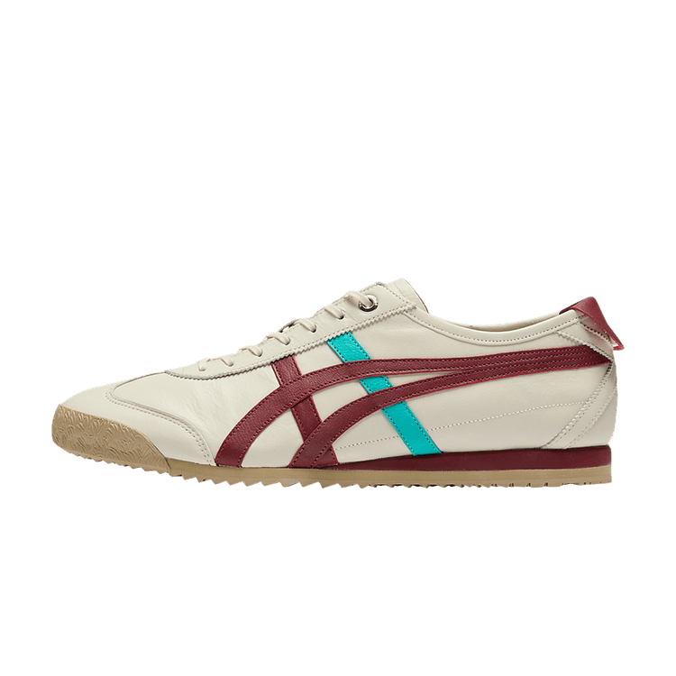 Onitsuka Tiger Mexico 66 SD Birch Beet Juice, zijaanzicht met crème leer, bordeaux en turquoise strepen, gumi zool
