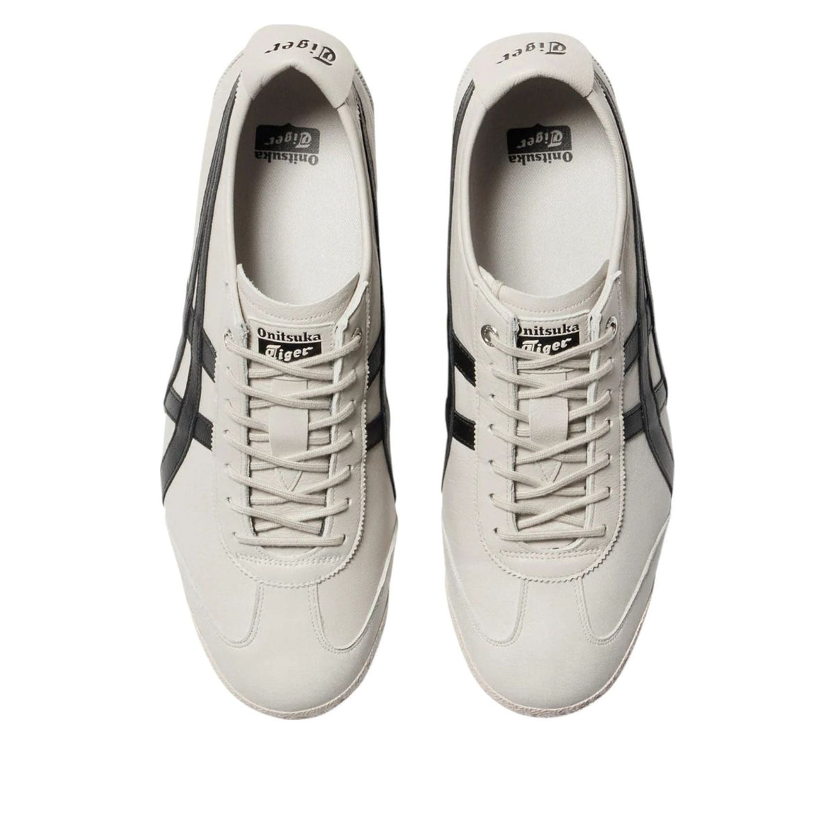 Onitsuka Tiger Mexico 66 SD Warm Beige Black, bovenaanzicht toont beige leren upper met zwarte strepen en vetersluiting