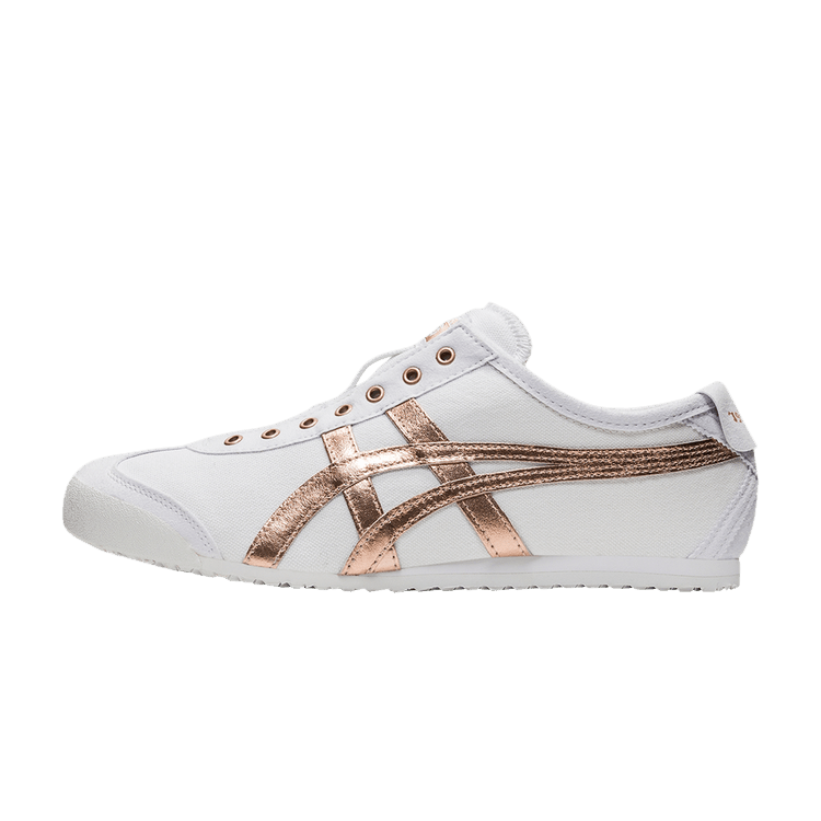 Onitsuka Tiger Mexico 66 Slip-On White Rose Gold, zijaanzicht met witte canvas en metallic roségouden strepen