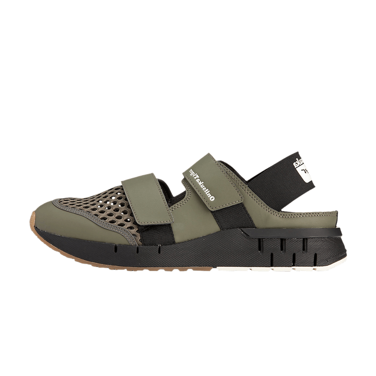 Onitsuka Tiger Rebilac Sandal Mantle Green, zijaanzicht met khaki nubuck, perforaties, zwarte velcro-bandjes en rubberzool
