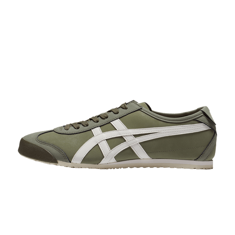 Onitsuka Tiger Mexico 66 Mantle Green Cream, zijaanzicht met olijfgroen en crème leren bovenwerk en witte dwarsstrepen