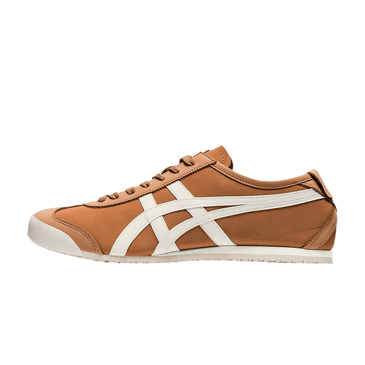 Onitsuka Tiger Mexico 66 Sand Red Cream, zijaanzicht met camel leer en wit strepenpatroon op zijkant