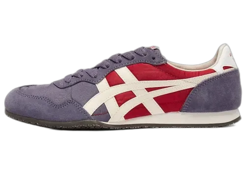 Onitsuka Tiger Serrano Greyish Purple Cream Red zijaanzicht, paarse suède met rood en crème gestreepte zijkant