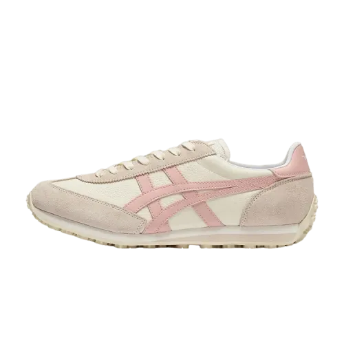 Onitsuka Tiger EDR 78 Cream Ginger Peach, zijaanzicht met crèmekleurig canvas, roze striping