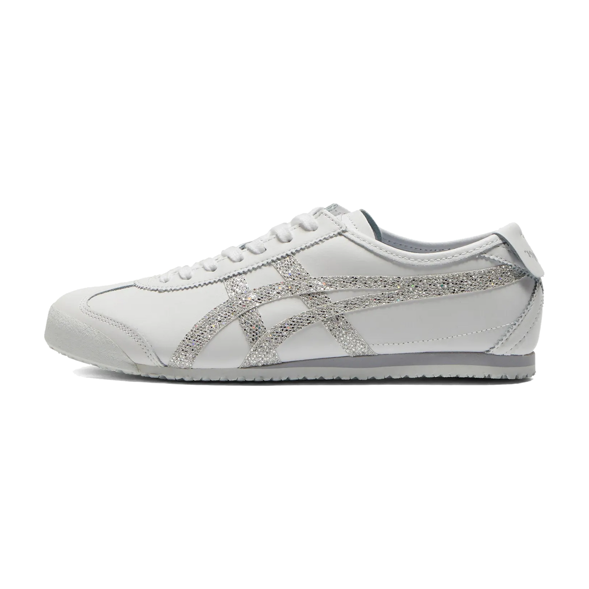 Onitsuka Tiger Mexico 66 Candy Glitter Series White Pure Silver, zijaanzicht met witte leren bovenkant en glitterstrepen