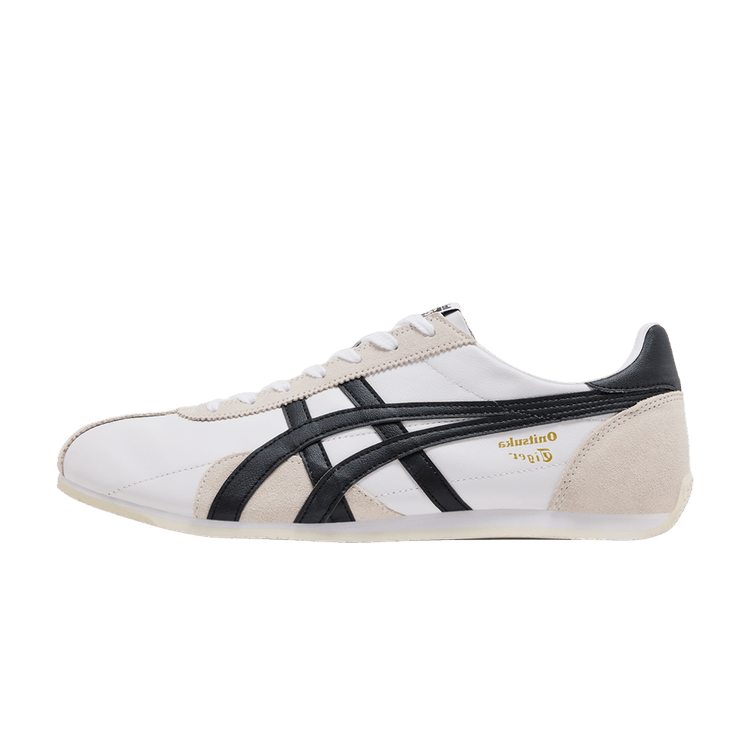 Onitsuka Tiger Mexico Runspark White Black, zijaanzicht met wit leer, zwarte diagonale stiksels en beige suède details