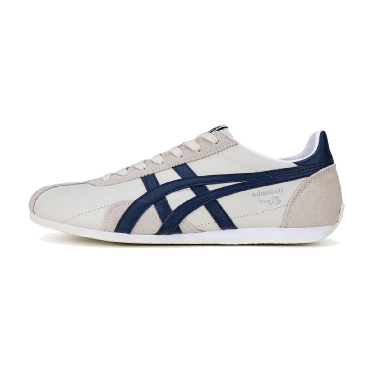 Onitsuka Tiger Mexico Runspark zijaanzicht, crème en suède met donkerblauwe crossover strepen en witte zool