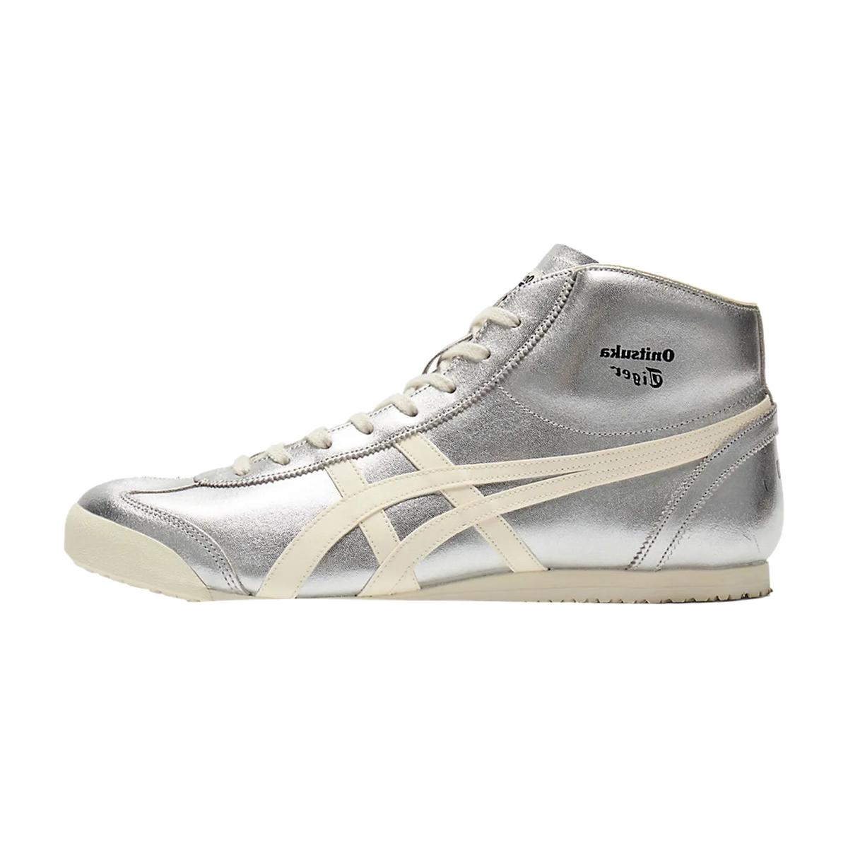 Onitsuka Tiger Mexico Mid Runner Silver Cream, zijaanzicht met zilver metallic bovenwerk en crème strepen