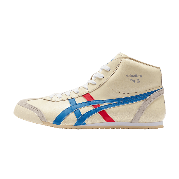 Onitsuka Tiger Mexico Mid Runner White Blue, zijaanzicht met crèmekleurig leer, blauwe en rode strepen