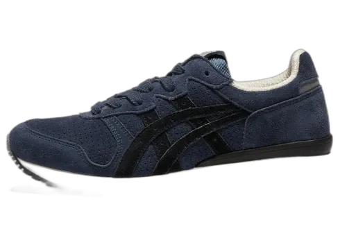 Onitsuka Tiger Tiger Ally Indigo Blue Black, zijaanzicht van donkerblauwe sneaker met zwarte strepen en crèmekleurige voering
