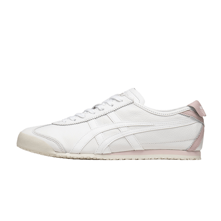 Onitsuka Tiger Mexico 66 White Dusty Pink, zijaanzicht met wit leer, roze accenten en contrasterende stiksels